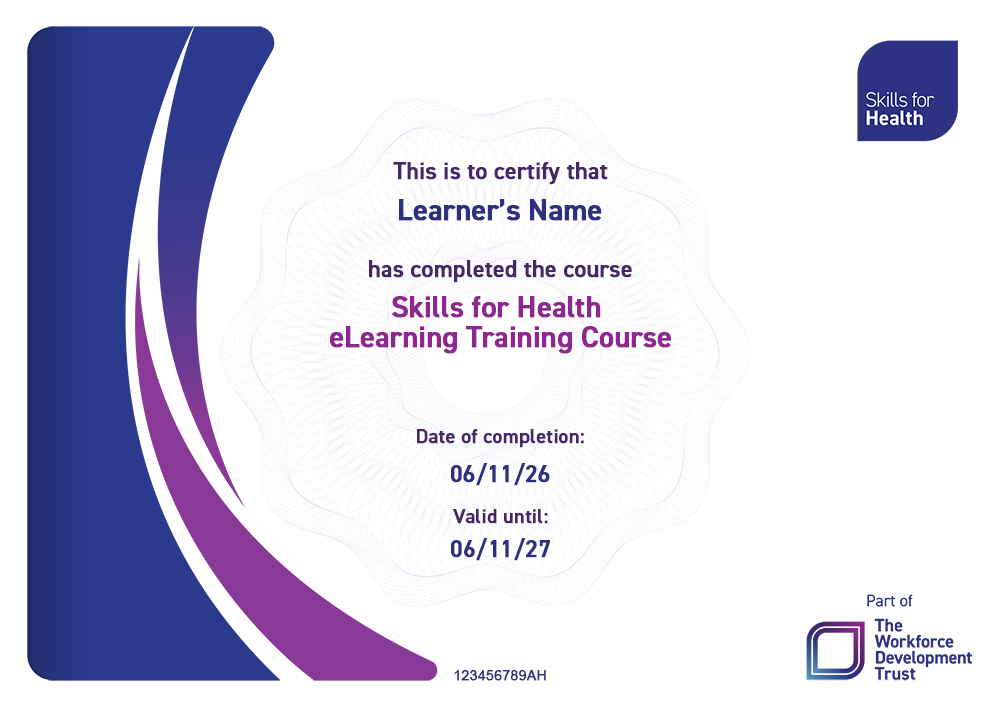 Skills for Health Certificate example - featuring an elaborate watermark and swirling blue and purple designs.